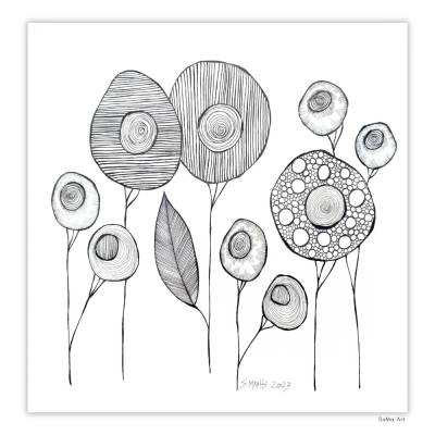 Faszinierende Crazy Flowers im Schwarz-Weiss-Design, 30cm x 30 cm ungerahmtes Kunstwerk, Illustration