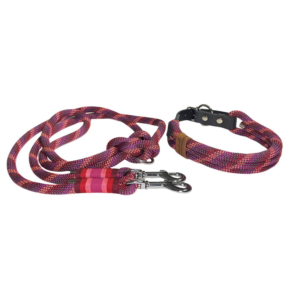 Leine Halsband Set, Tau 10 mm, verstellbar, dunkelgrau, koralle, rot,  bordeaux, dunkelpink, mit Leder und Schnalle