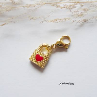 Charm mit Schloß u. Herz - Karabiner,Bettelarmband,Geschenk,Wechselanhänger,Schmuckanhänger