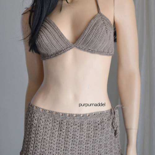 Häkel Bikini Set aus 100% Baumwolle in Taupe, Einzelstück! Strand,Boho!