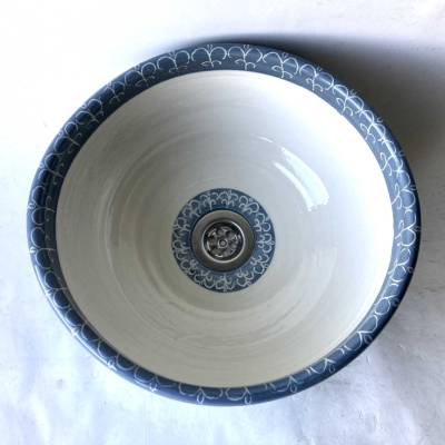 Leicht ovales Waschbecken /weiß/creme/blau mit Deko Bordüre   Ø 30/28,5 cm Höhe 13,5 cm