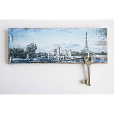 Paris Eiffelturm Schlüsselbrett upcycling Weinkistenbrett mit 4 Haken