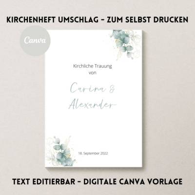 Canva Design | Kirchenheft für Hochzeit digital |  Eukalyptus Gold | selbst Personalisierung und sofort drucken
