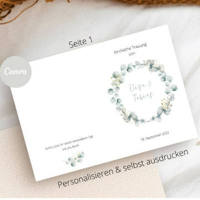 Canva Design | Kirchenheft für Hochzeit digital |  Eukalyptus Gold | selbst Personalisierung und sofort drucken