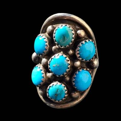 Navajo Damenring Sterling Silber mit sieben Onyx Steinen, ca. 28mm breit, Stempel VB