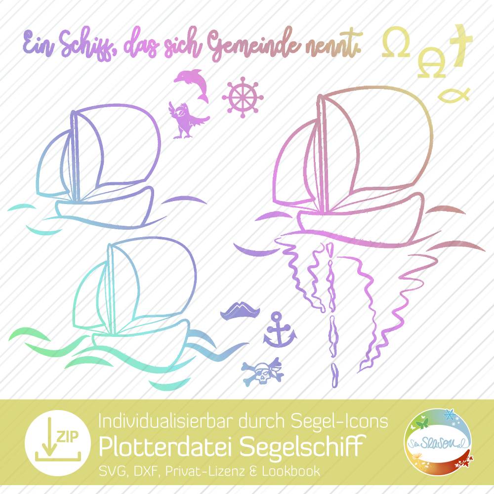 Plotterdatei Segelschiff, individualisierbar dank 10 Icons, Piratenschiff, Kommunion, Konfirmation, Segeln, Geburtstag Bild 1