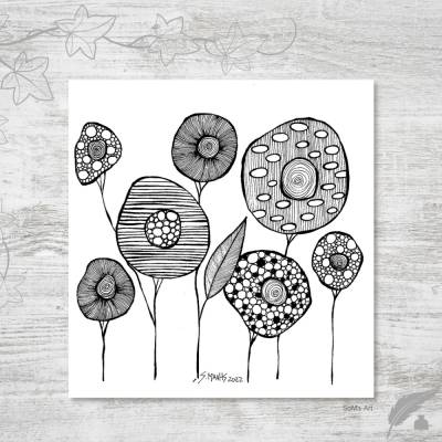 Verrückte Crazy Flowers als Tuschezeichnung in fantasievollem schwarz-weiss Design, ausgefallenes Wandbild, Kunst