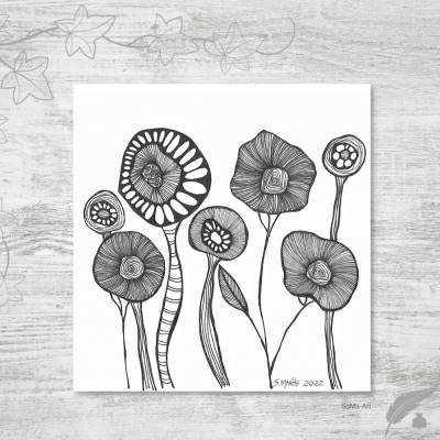 Original Crazy Flowers, blumiges Design mit Tusche und Feder, Wandbilder, Kunst, Illustration, Schwarz-Weiss Design