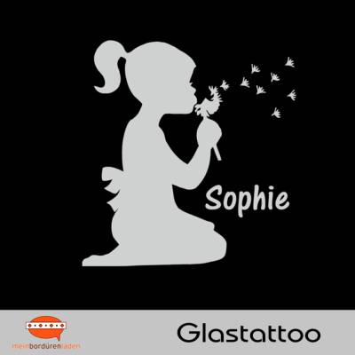 Glastattoo: Mädchen mit Pusteblume - mit Name personalisierbar | permanent haftend - transluzent grau silbern