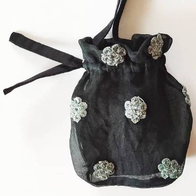schwarzer Seiden-Organza Beutel, bestickt mit Kordeln, Spitze Hochzeit Brauttasche