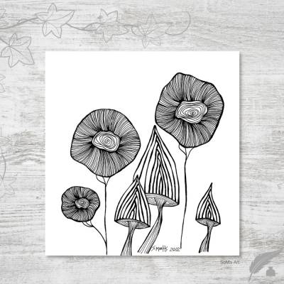 Crazy Flowers im neuen Design, hangemalte Tuschezeichnungen für ausgefallene Wanddekoration, Kunst, Illustration