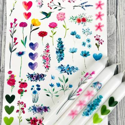 Kerzentattoo BLUMEN, A4, Wasserschiebefolie, Kerzenfolie, Kerzensticker, Frühling, Kerzen beschriften