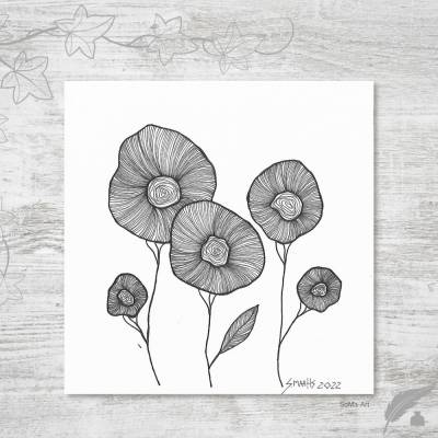 Original Tuschezeichnung mit fantasievollen Blumen im Schwarz-Weiss-Design für einzigartige Wanddekoration. Illustration