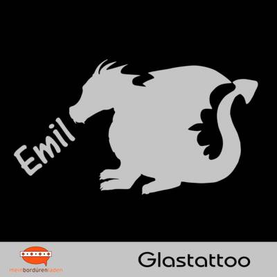 Glastattoo: Drache - mit Name personalisierbar | permanent haftend - transluzent grau silbern