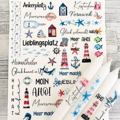 Kerzentattoo MARITIM BUNT,  A4, Wasserschiebefolie, Kerzenfolie, Kerzensticker, Meer, Anker, Hafen, Ahoi