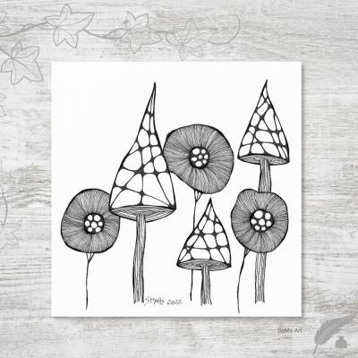 Original Crazy Flowers als Tuschzeichnung, einzigartig im Schwarz-Weiss-Design, ungerahmte Wandbilder mit ganz Ausdruck