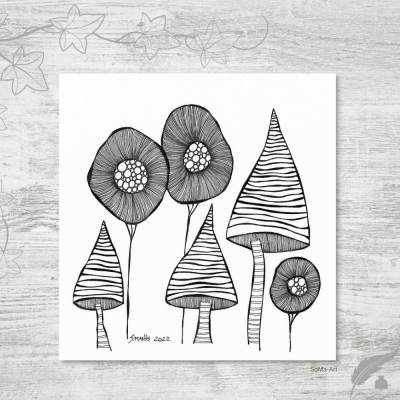 Originale Tuschezeichnung, Crazy Flowers ungerahmt, im Schwarz-Weiss-Look, Wandbild, Fantasieblumen, Kunstwerk