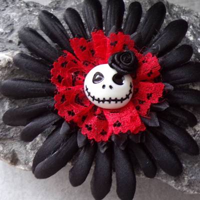 SCHWARZ  ROT Totenkopf Jack Haarspange Haargummi Stoff Rose  Blume