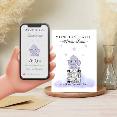 Geldgeschenk | Meine Erste Aktie | Personalisierte Aktie ETF Kryptowährung QrCode Geschenkkarte | Motiv Elefant