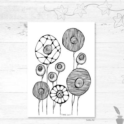 Original Crazy Flowers DinA 4, Tuschezeichnung, ungerahmtes Wandbild im Schwarz-Weiss-Design, Kunst , Illustration