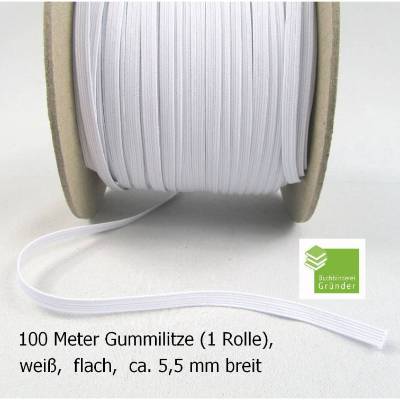 100 m Gummiband, weiß, flach, 5 mm, Elastikband, Bastelmaterial