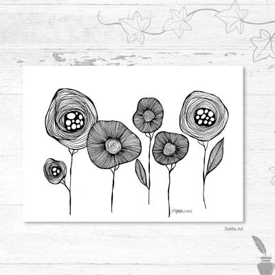 Original Crazy Flowers auf Papier, ungerahmte Kunstwerke im Schwarz-Weiss-Desing, Kunst, Wohnraumdekoration, Einzigartig