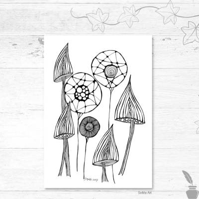 Moderne Schwarz-Weiss Tuschezeichnung, Original Crazy Flowers, kunstvolle Highlights für Ihr Zuhause