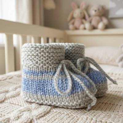 Babyschuhe Softgarn gestrickt – Strickschuhe Baby grau-jeans-blau, handgefertigt & waschbar