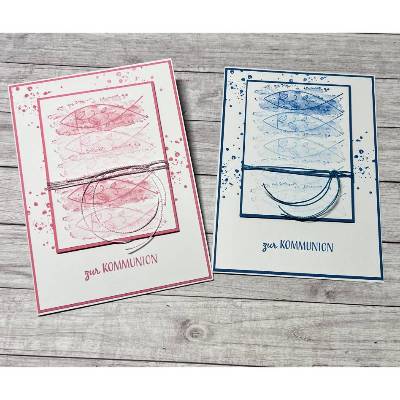 Grußkarten / Glückwunschkarten zur Kommunion, Fische zum Fest in rosa o. blau, Segensfeste, festlicher Anlass