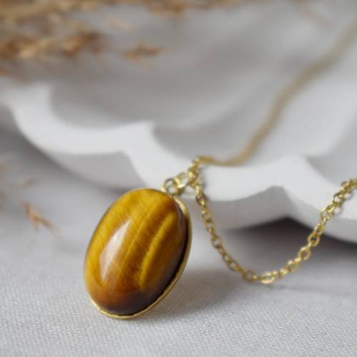 Tigerauge Anhänger Kette Gold, Frauen ovale Halskette, Edelstein Statement Kette, Steinkette, Tigerauge Schmuck, Geschen