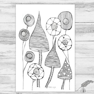 Einzigartige Crazy Flowers , moderne Tuschezeichnungim modernen Schwarz-Weiss- Design, DinA3, Wanddekoration