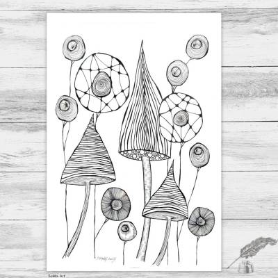 Einzigartige Tuschezeichnung in DinA3, ungerahmte Kunst im Schwarz-Weiss-Design, moderne Kollektion auf Papier