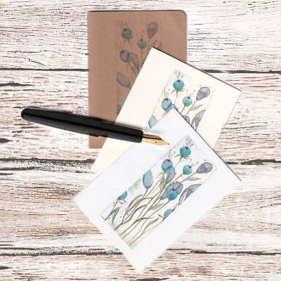 Klappkarte mit Umschlag Aquarell handgemalt minimalistisch Blumen Blüten blau Früchte A6 Format handmade günstig kaufen