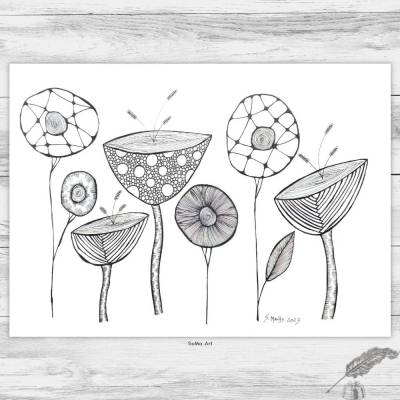 Original Tuschezeichnung, Crazy Flowers in DinA3, im beliebten Mustermix, schwarz-Weiss-Kunst handgezeichnet. Kunst