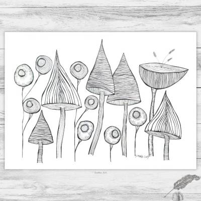 Original Tuschezeichnung, Crazy Flowers, DinA3, modernes blumiges Design, Schwarz-Weiss, moderne Wandgestaltung.