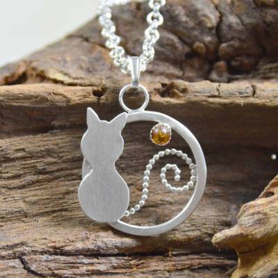 Filigran-Anhänger aus 925 Sterling Silber mit Katze und Bernstein - handgemacht