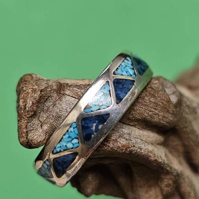 Chip Inlay Ring – Original Navajo aus Arizona, 925 Sterling Silber, Türkis & Lapislazuli, Wedding-Ring 
