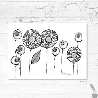 Crazy Flowers im modernen Schwarz-Weiss-Look für die perfekte Wandgestaltung, ungerahmtes Kunstwerk, Tuschezeichnung