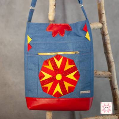 Schultertasche XXL, Stern-Blume, Jeans used look, rot/gelb