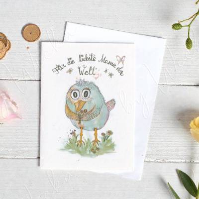 Klappkarte A6 kleiner Vogel nach handgemaltem  Aquarell, Spruch für Mama zum Muttertag inkl. Umschlag