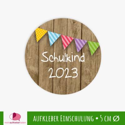 15 Aufkleber | Schulkind - Bunte Wimpel - personalisierbar | Schulanfang, Aufkleber zur Einschulung in Holzoptik braun