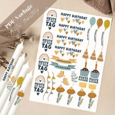 Geburtstag PDF Vorlage Kerzentattoo Kerzensticker Kerzen Happy Birthday Konfetti Herzlichen Glückwunsch dein Tag Pusteku