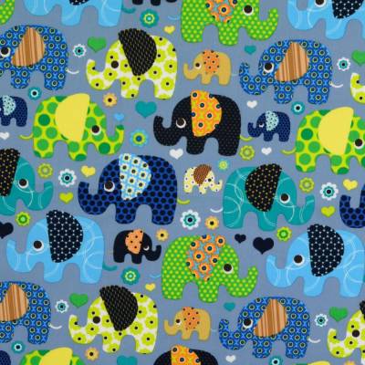 Popelin Baumwollstoff Patchworkstoff Elefanten Blau