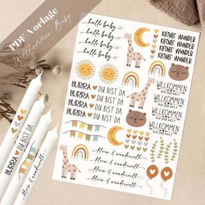 Willkommen Baby PDF Vorlage Kerzentattoo Kerzensticker Kerzen Geburt Babyparty Mädchen Junge Hurra du bist da Hallo Baby
