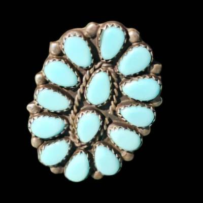 Navajo Damenring aus Sterling Silber mit 14 Türkis Steinen – Tropfenform, Pawn Schmuck