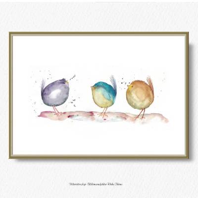 Birdies Vogelzwitschern...Print Poster Wanddeko Kinderzimmer Bild Aquarell handgemalt minimalistisch kleine Vögel kaufen