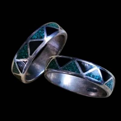 Chip Inlay Ring – Original Navajo aus Arizona, 925 Sterling, Malachit/Onyx, Indianerschmuck, Wedding-Ring