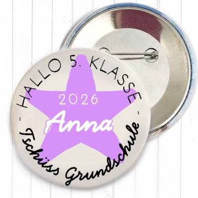 Personalisierter Button Tschüss Grundschule 2026 | Wunschname & Stern | 8 Farben | 38/59mm 