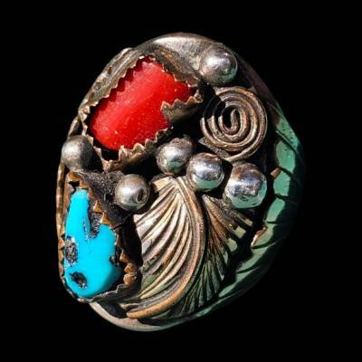 Navajo Damenring, Sterling Silber mit Türkis und Koralle
