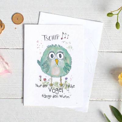Der frühe Vogel Klappkarte A6 mit Umschlag – Lustiger handgemalter Vogel Grußkarte mit Spruch im minimalistischen Stil 